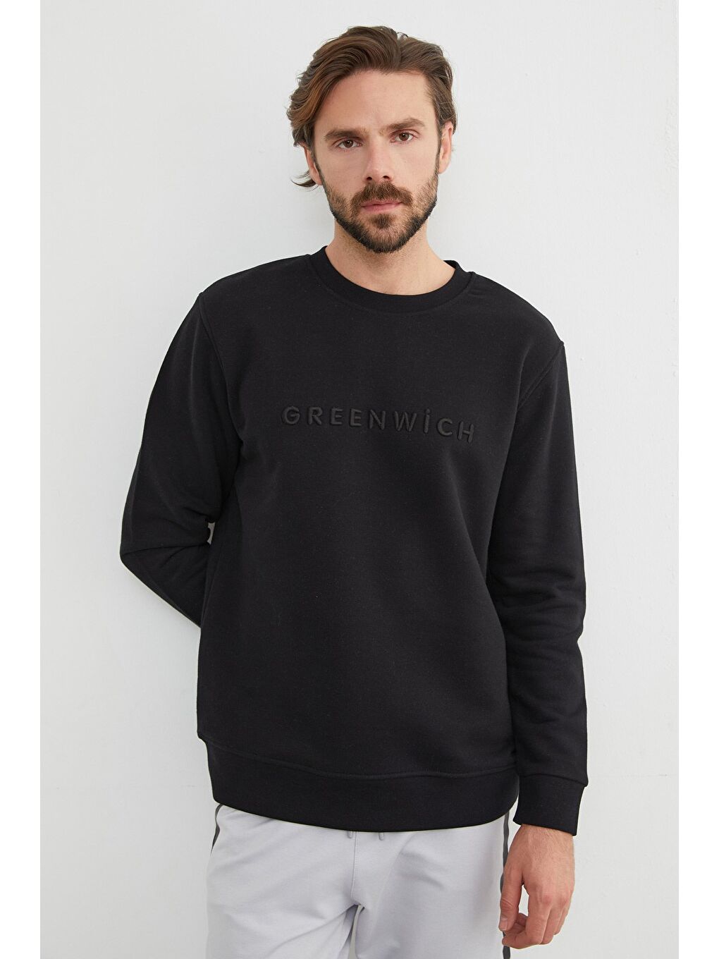 Siyah Greenwich Yazı Nakışlı Bisiklet Yaka Sweatshirt-4