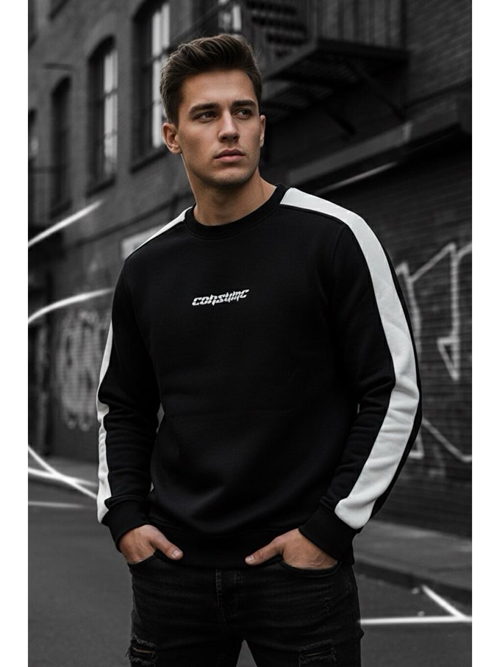 Siyah Comsumc Üç İplik Şardonlu Bisiklet Yaka Erkek Sweatshirt