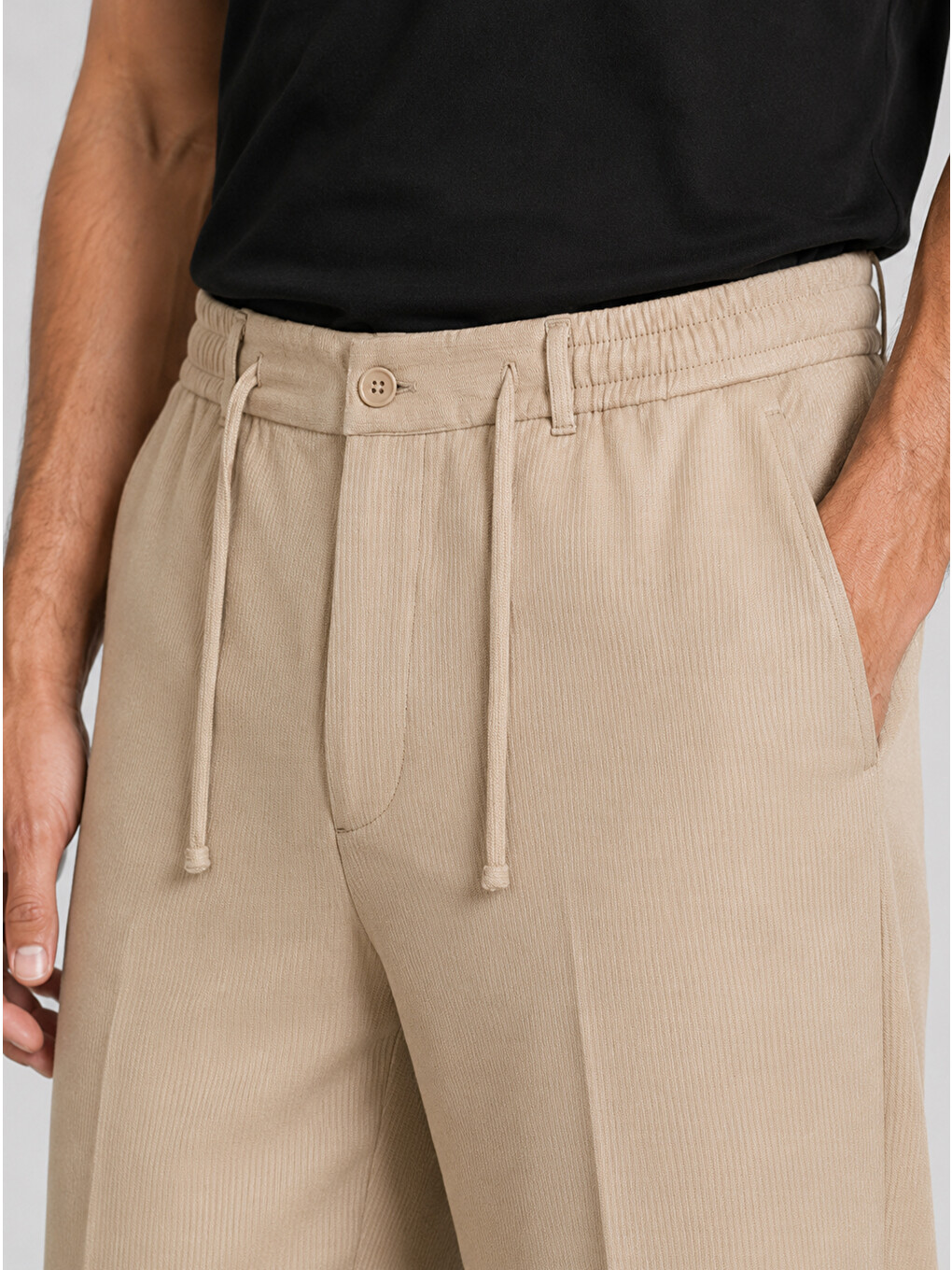 Erkek Bej Relax Fit Bağcıklı Baggy Pantolon-2