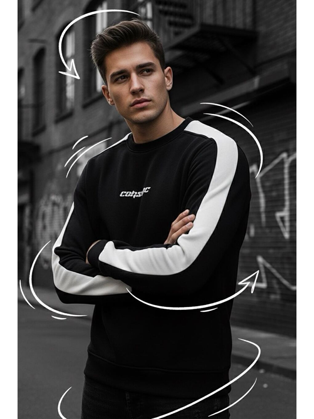 Siyah Comsumc Üç İplik Şardonlu Bisiklet Yaka Erkek Sweatshirt-1