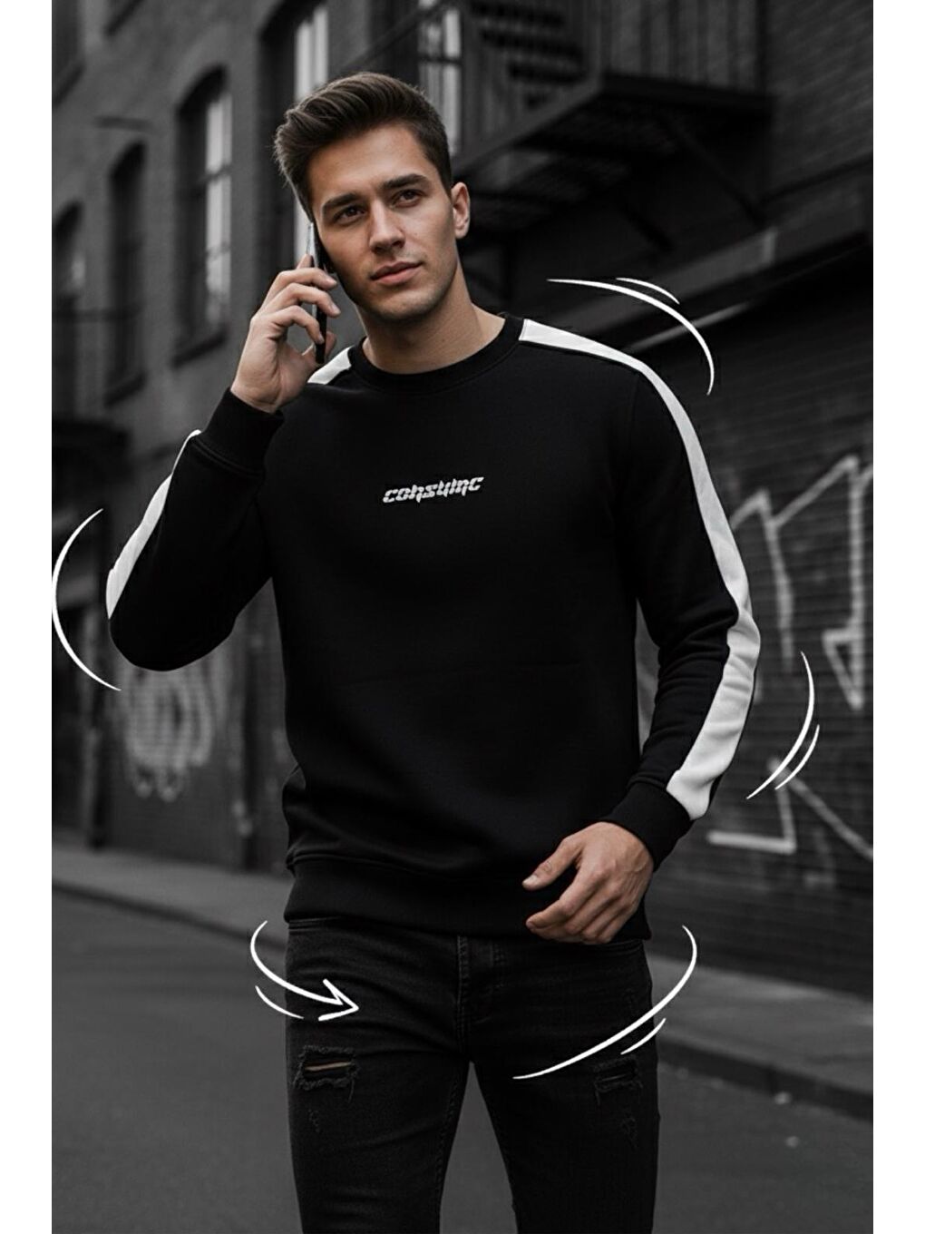 Siyah Comsumc Üç İplik Şardonlu Bisiklet Yaka Erkek Sweatshirt-2