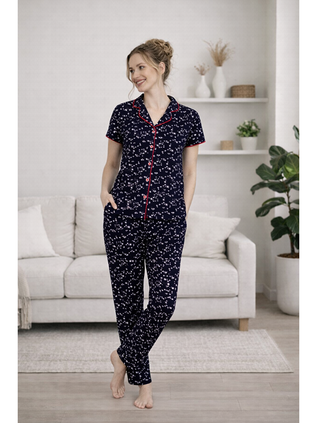 Lacivert PREMIUM Kadın %100 Doğal Pamuk Gömlek Yaka Biyeli Düğmeli Yüksek Kaliteli Pijama Takımı-2