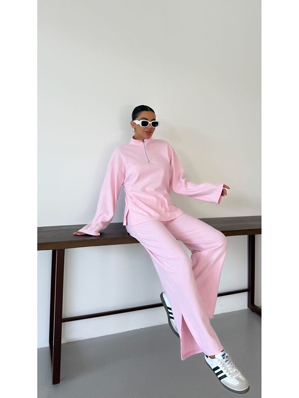 Kadın Pembe Yarım Fermuarlı Dik Yaka Kazak Alt-Üst Pantolonlu Takım-4