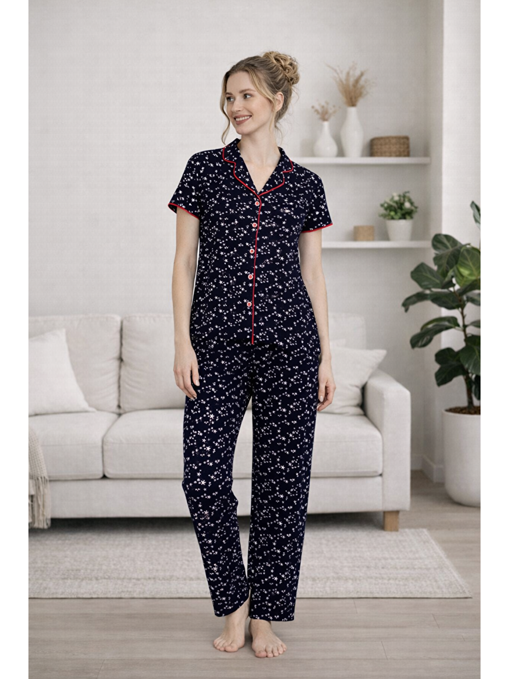 Lacivert PREMIUM Kadın %100 Doğal Pamuk Gömlek Yaka Biyeli Düğmeli Yüksek Kaliteli Pijama Takımı-3