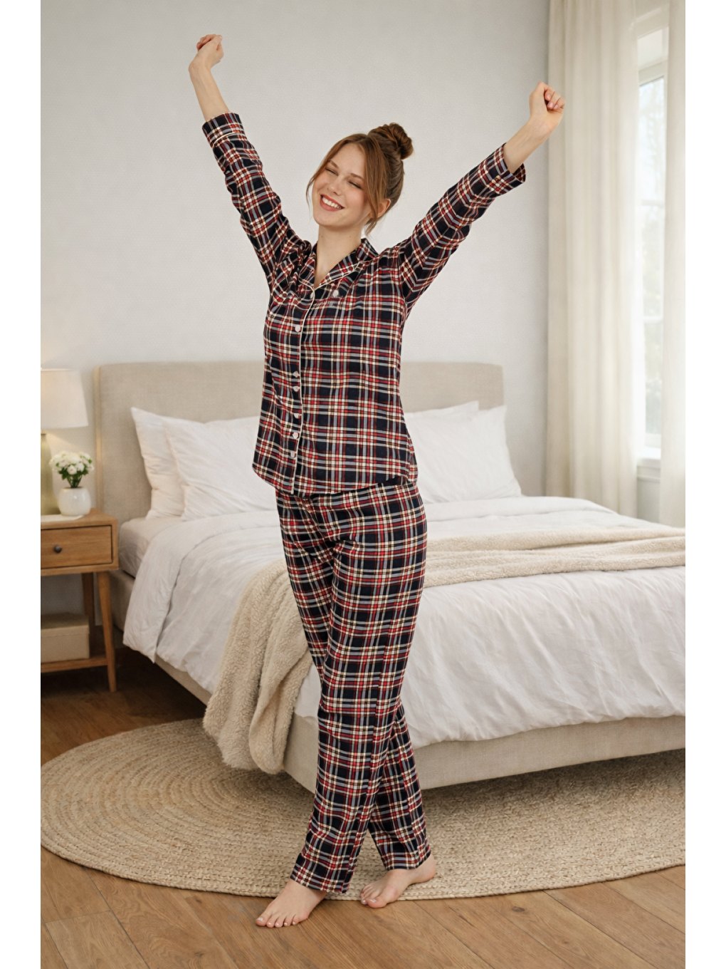 Kırmızı PREMIUM Kadın %100 Doğal Pamuk Ekose/Kareli Desenli Gömlek Yaka Biyeli Düğmeli Cepli Pijama Takımı-5
