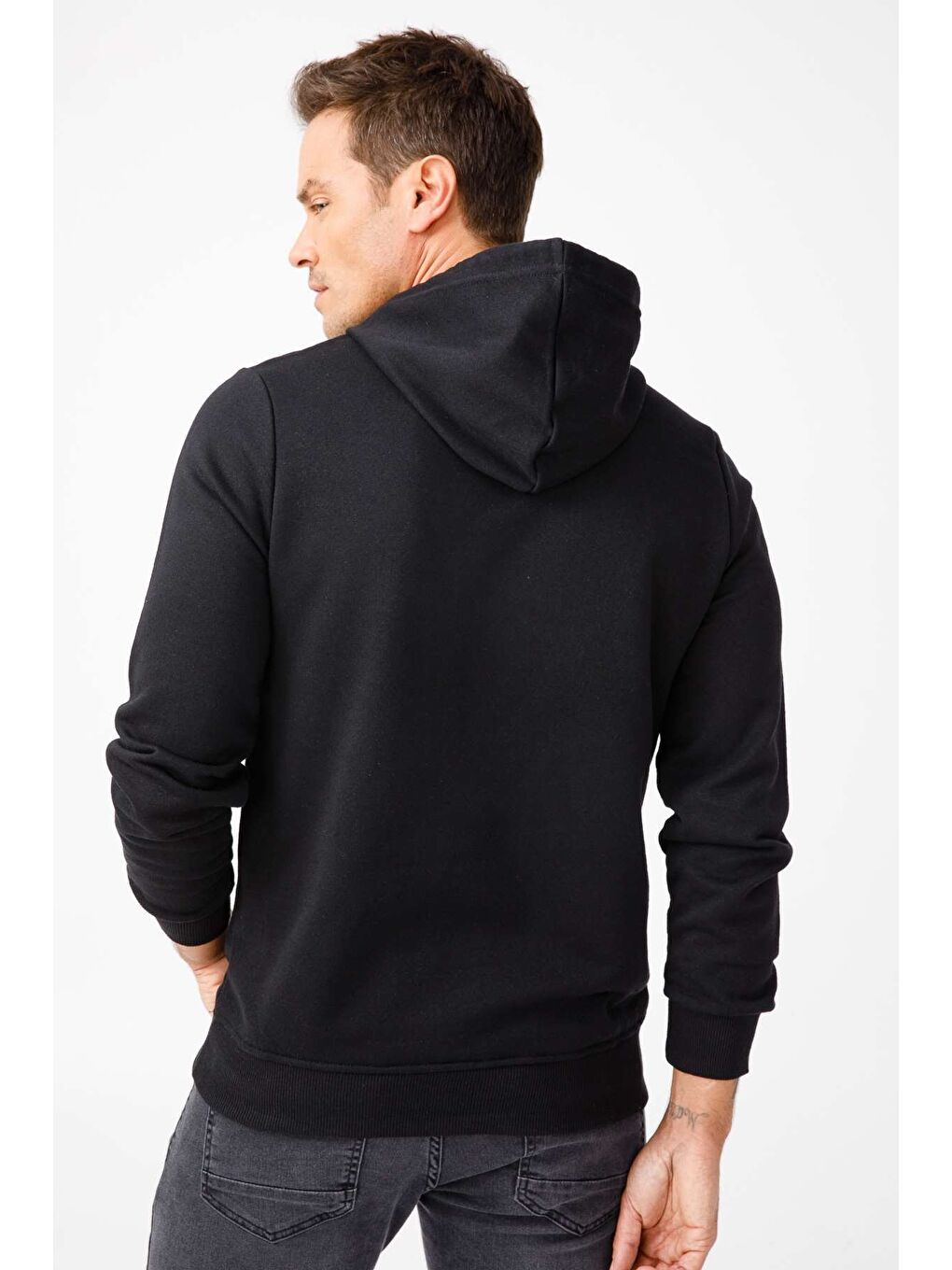 Erkek Siyah Modernfit / Ekstra Dar Kalıp Kapüşonlu Fermuarsız Sweatshirt-5
