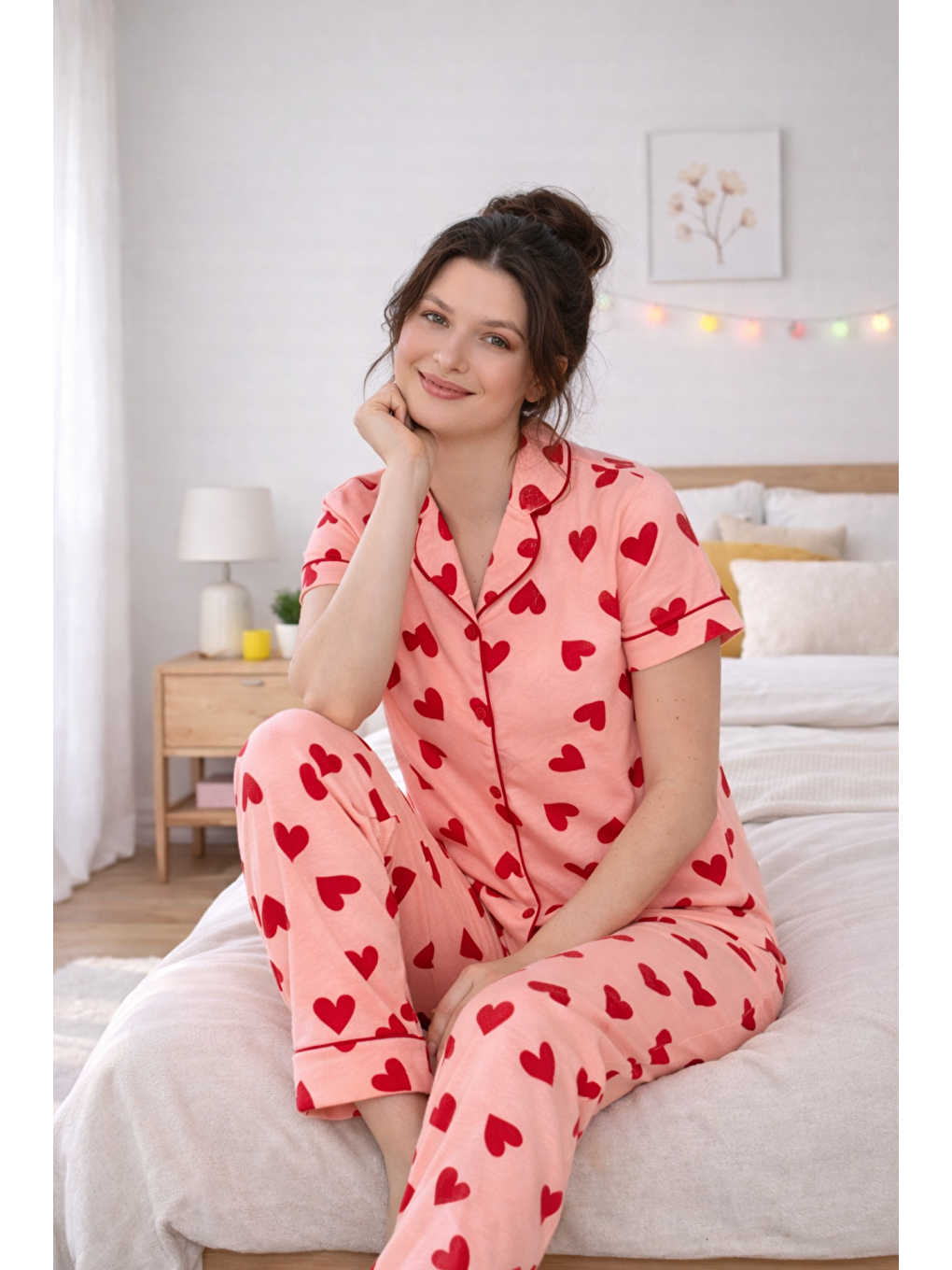 Turuncu PREMIUM Kadın %100 Doğal Pamuk Kalpli Gömlek Yaka Biyeli Düğmeli Yüksek Kaliteli Pijama Takımı-1