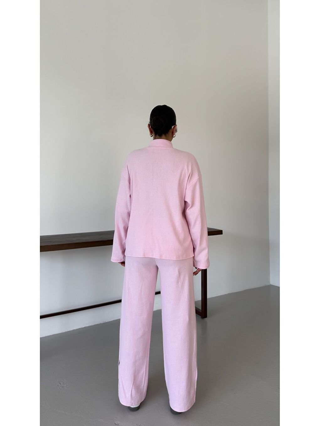 Kadın Pembe Yarım Fermuarlı Dik Yaka Kazak Alt-Üst Pantolonlu Takım-5