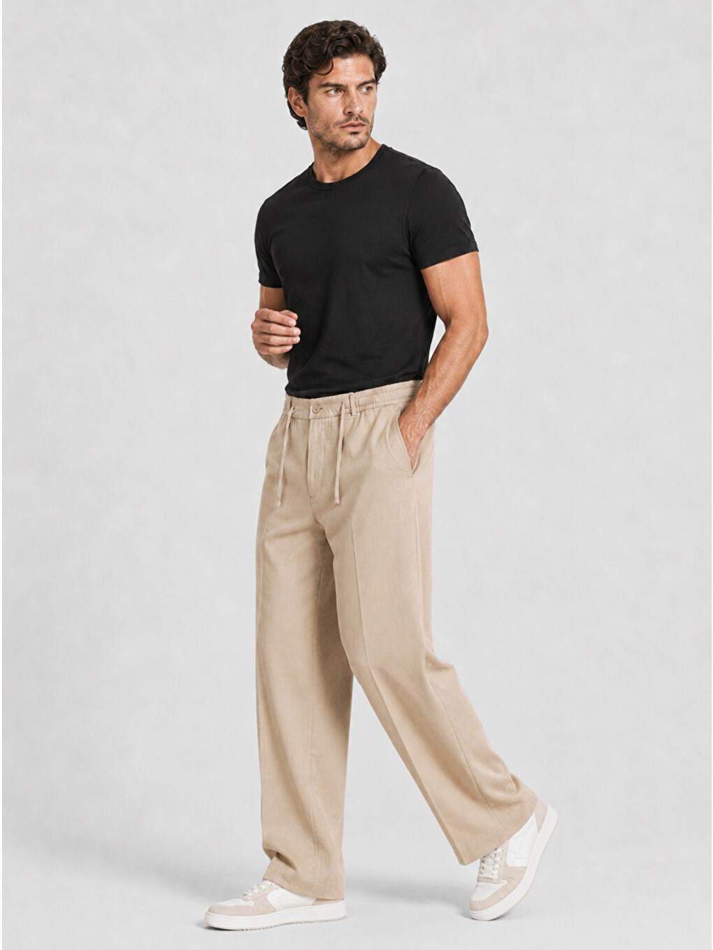 Erkek Bej Relax Fit Bağcıklı Baggy Pantolon-5