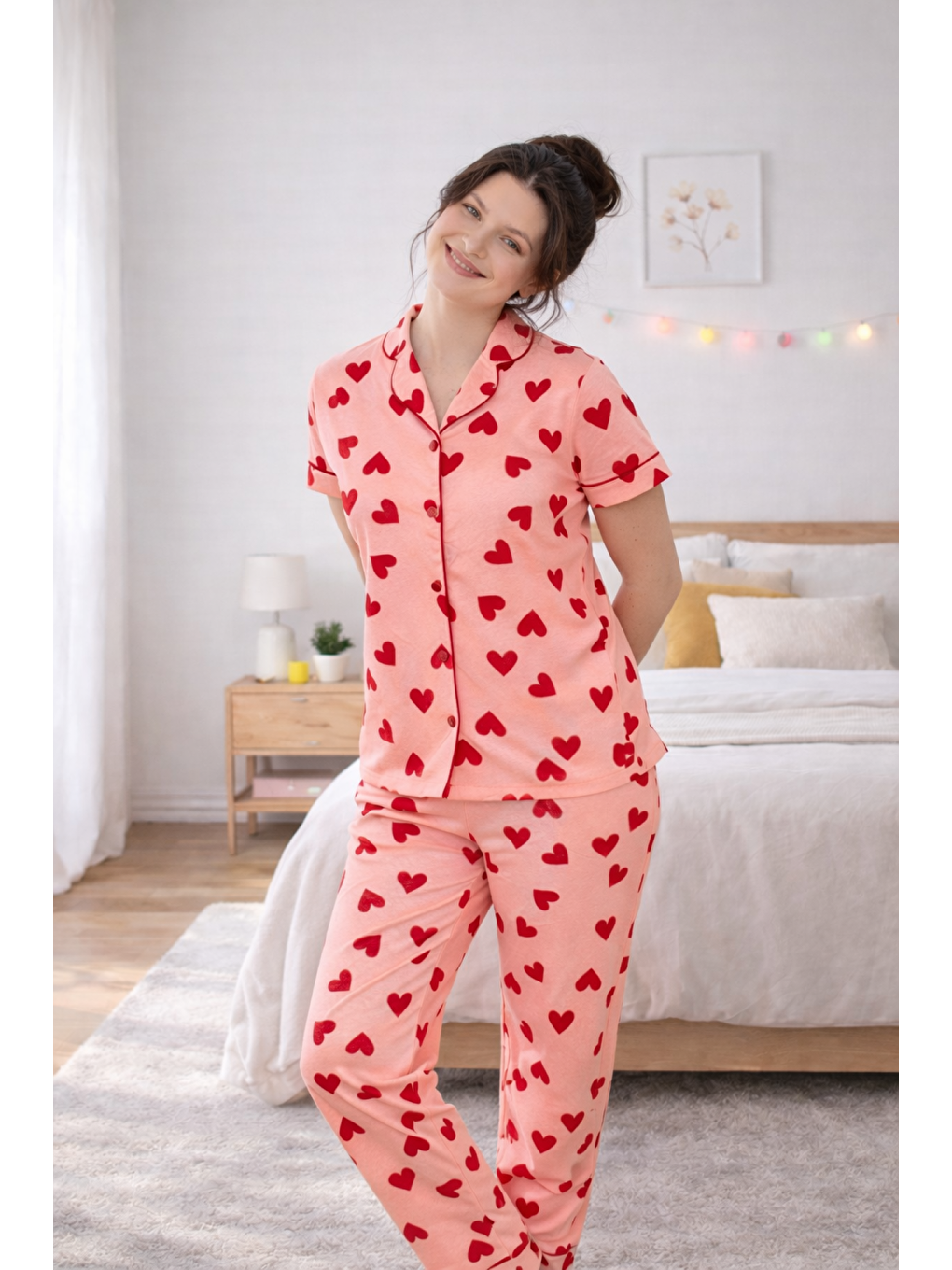 Turuncu PREMIUM Kadın %100 Doğal Pamuk Kalpli Gömlek Yaka Biyeli Düğmeli Yüksek Kaliteli Pijama Takımı-2