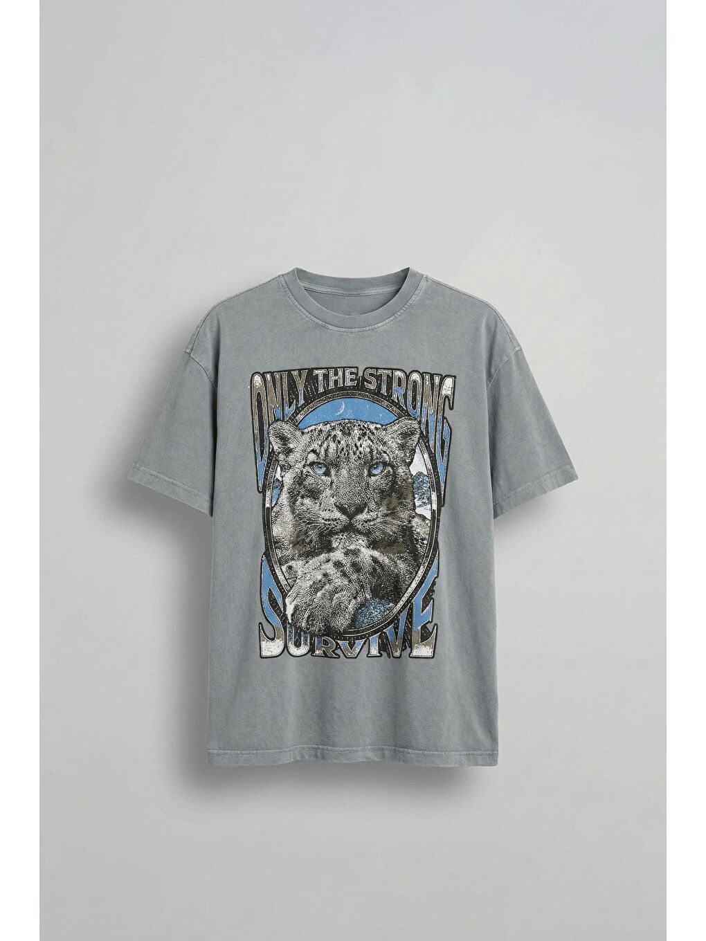 Erkek Oversize Kaplan Baskılı T-Shirt Gri