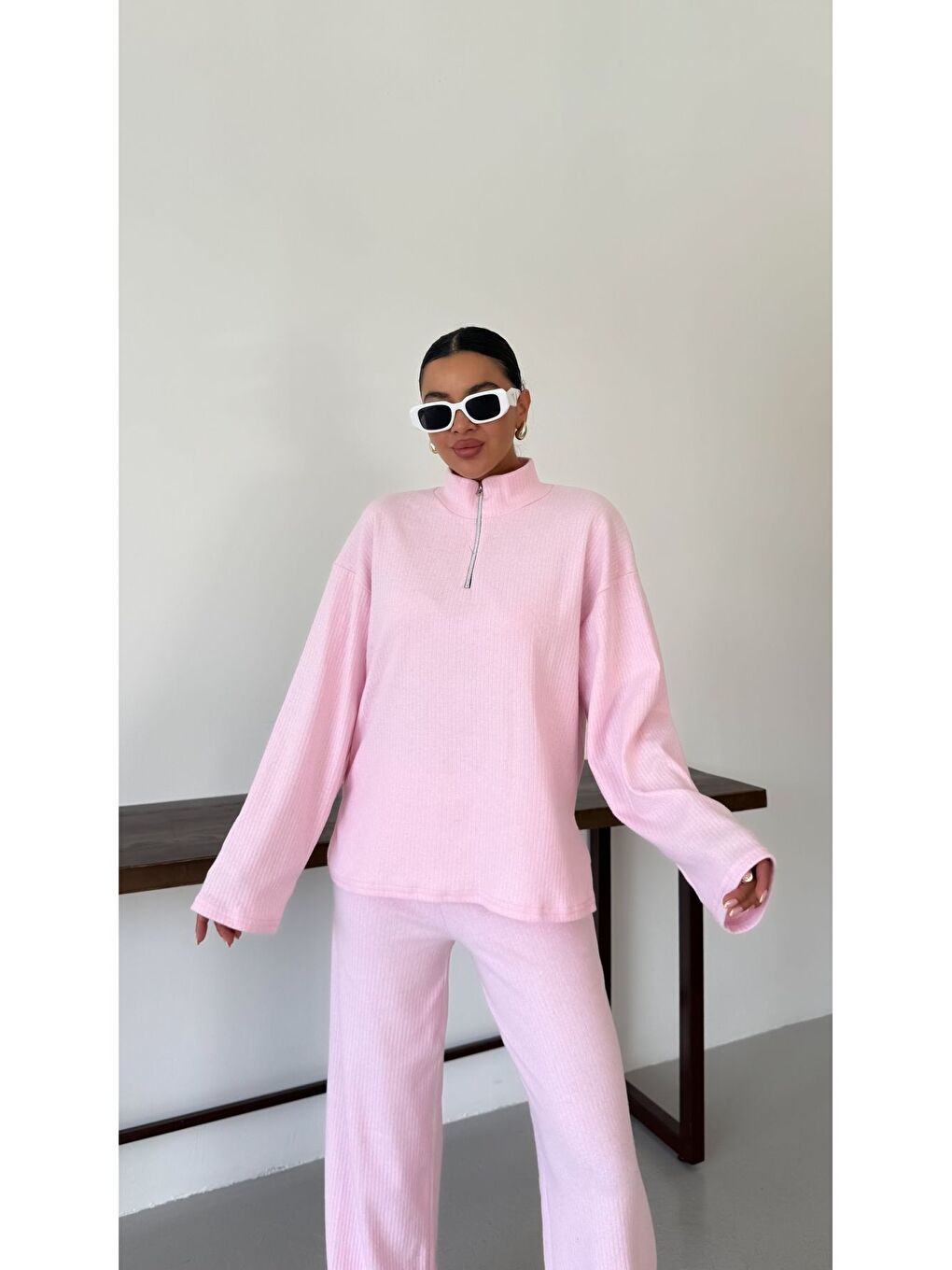 Kadın Pembe Yarım Fermuarlı Dik Yaka Kazak Alt-Üst Pantolonlu Takım-6