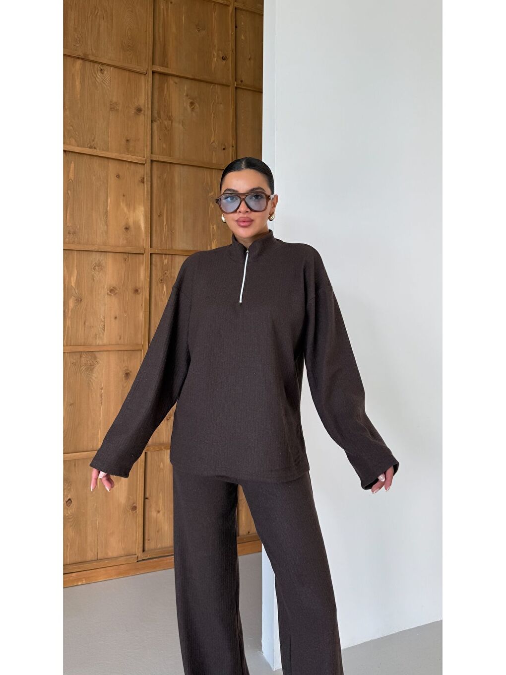 Kadın Kahverengi Yarım Fermuarlı Dik Yaka Kazak Alt-Üst Pantolonlu Takım-7