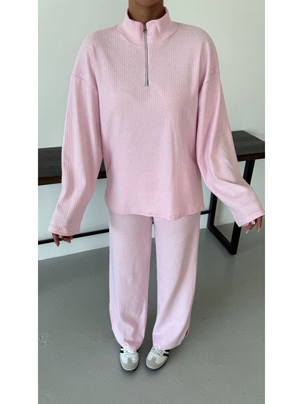 Kadın Pembe Yarım Fermuarlı Dik Yaka Kazak Alt-Üst Pantolonlu Takım-7