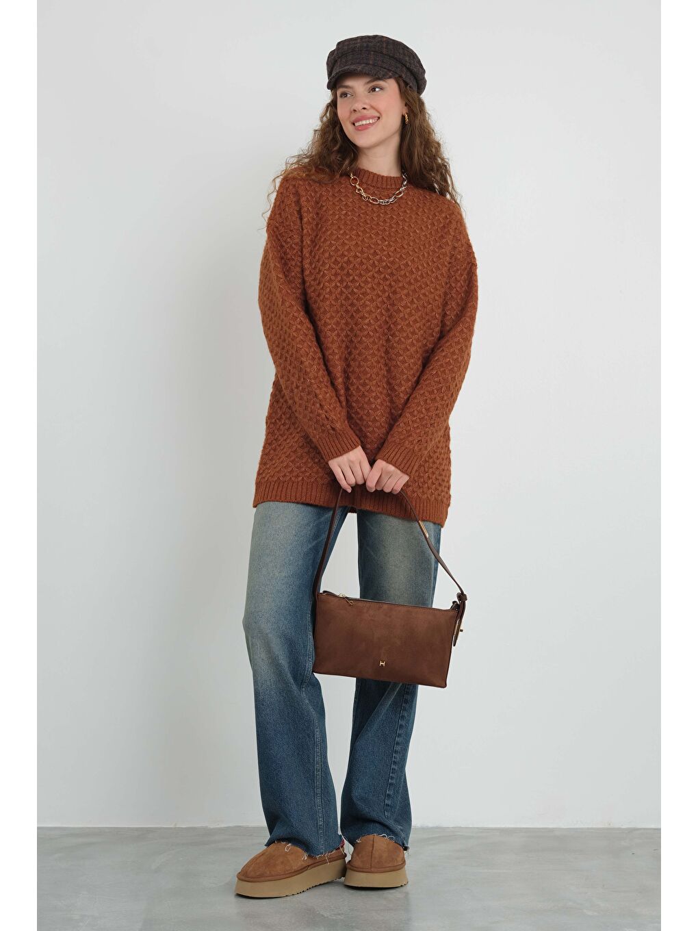 Kahverengi Örümcek Örgülü Kazak Kiremit-1