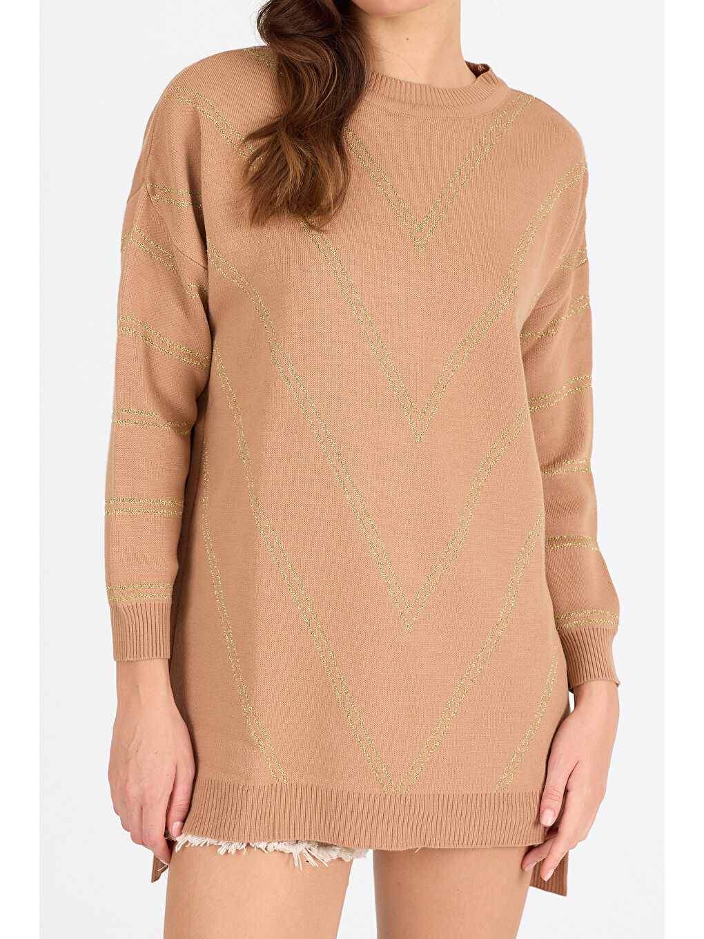 Kahverengi Kadın Sim Garnili Bisiklet Yaka Triko Bluz 21014 (Standart Beden s-m-l-xl Beden Uyumludur)-4