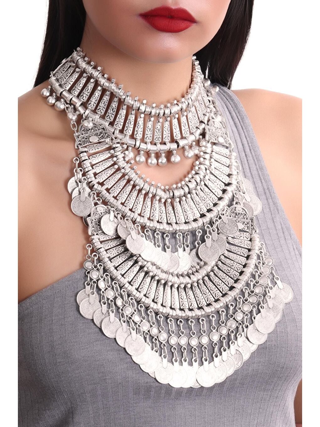 Gri Kadın Antik Gümüş Kaplama Tasarım 3 Sıra Gerdan Kolye-2