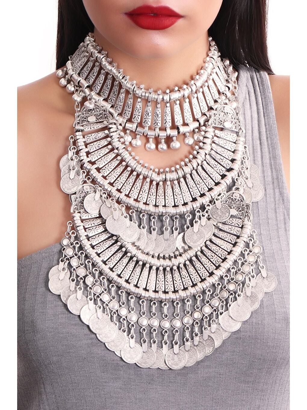 Gri Kadın Antik Gümüş Kaplama Tasarım 3 Sıra Gerdan Kolye-1