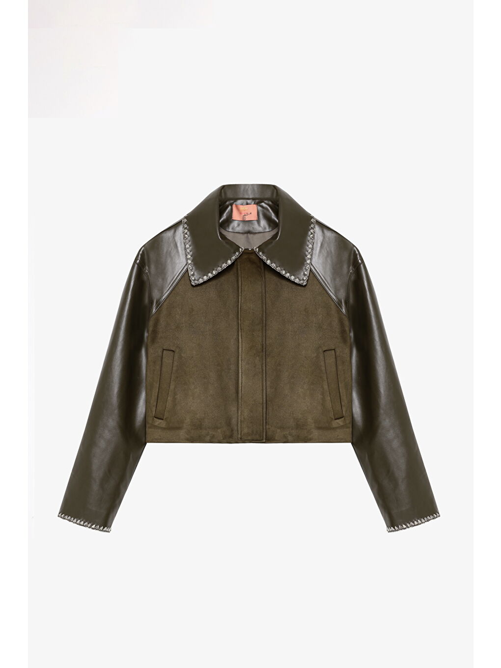 Deri Garnili Kısa Süet Ceket Haki