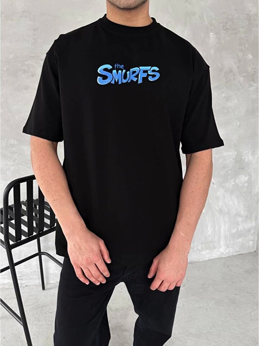 Ön Ve Arka Baskılı Oversize Bisiklet Yaka T-shirt- Siyah-1