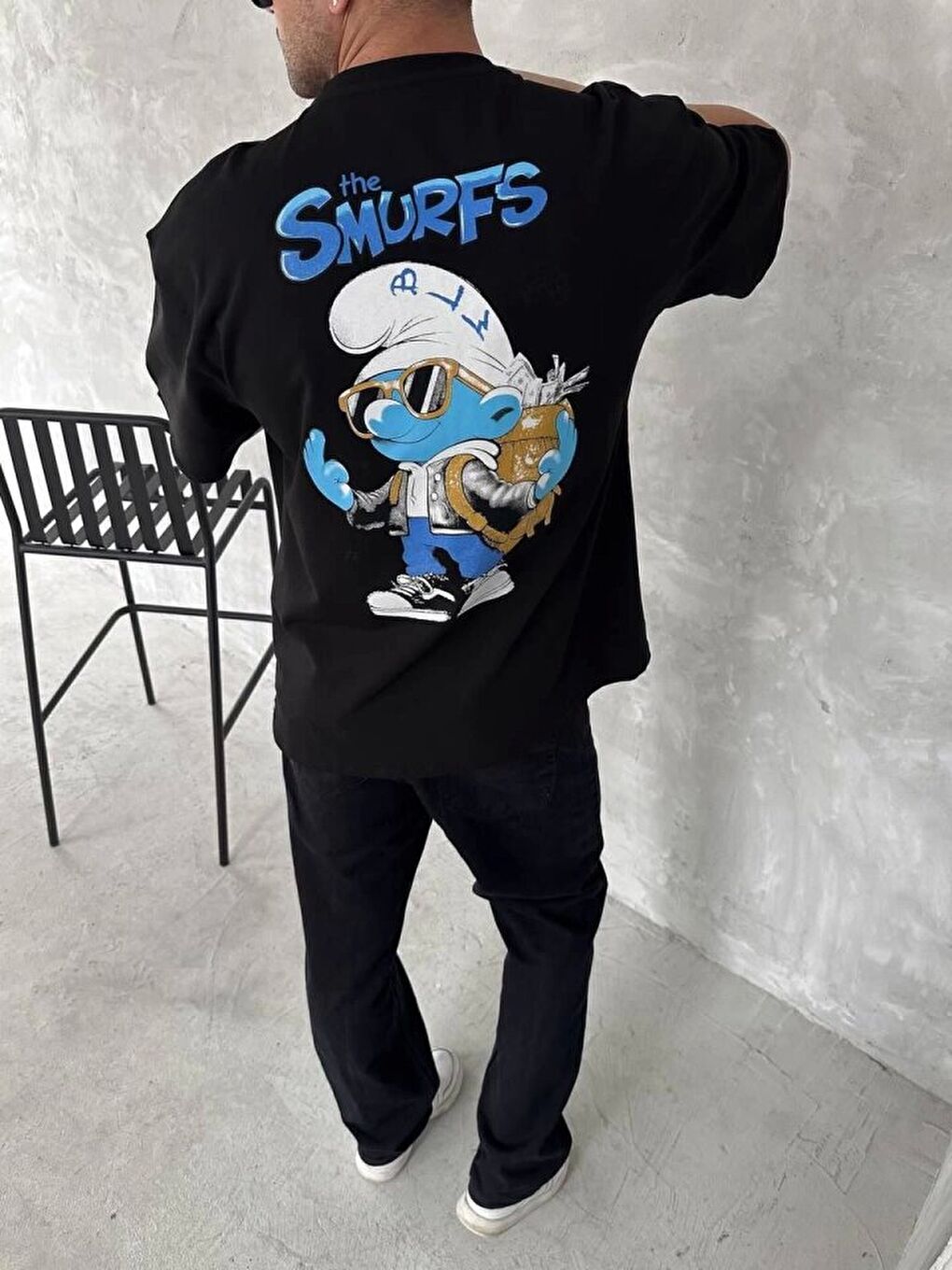 Ön Ve Arka Baskılı Oversize Bisiklet Yaka T-shirt- Siyah-2