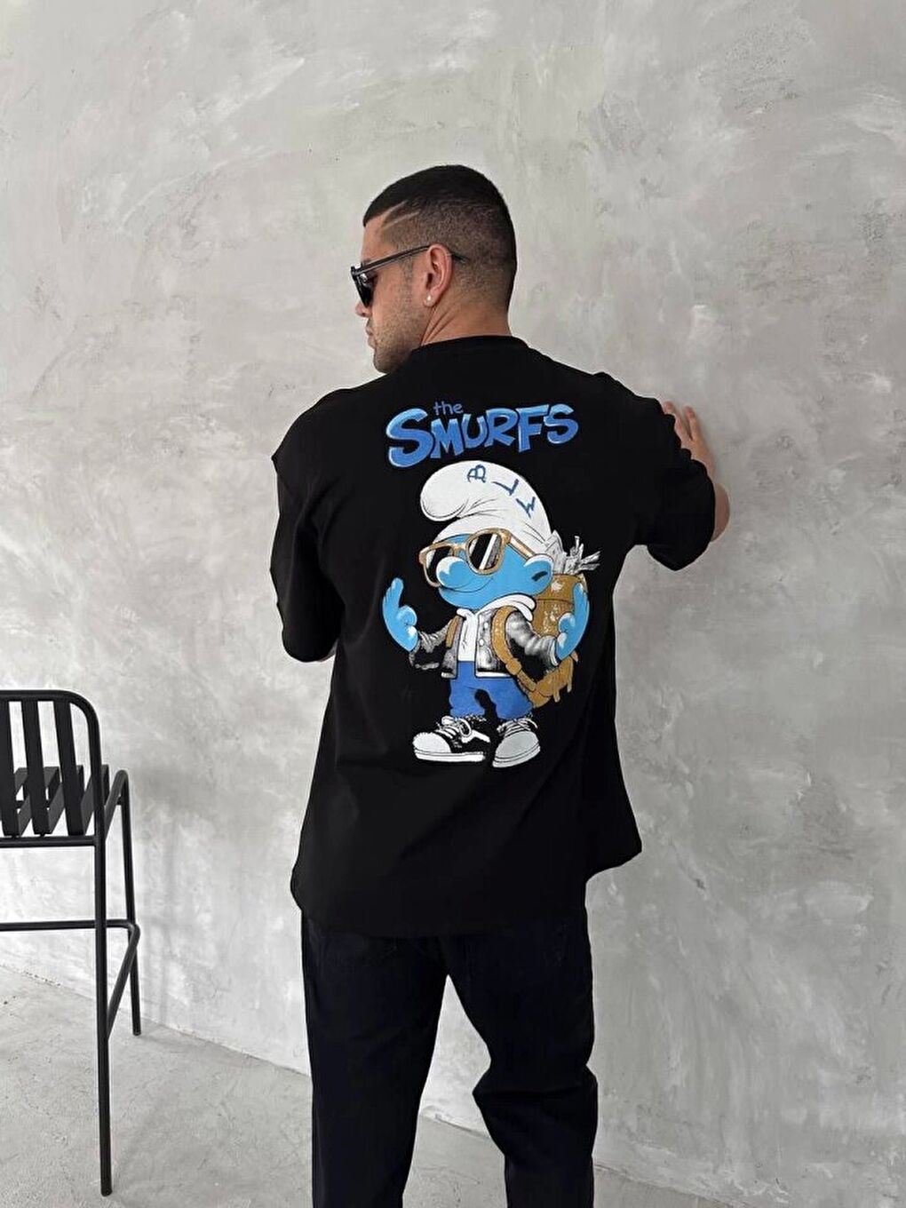 Ön Ve Arka Baskılı Oversize Bisiklet Yaka T-shirt- Siyah-3