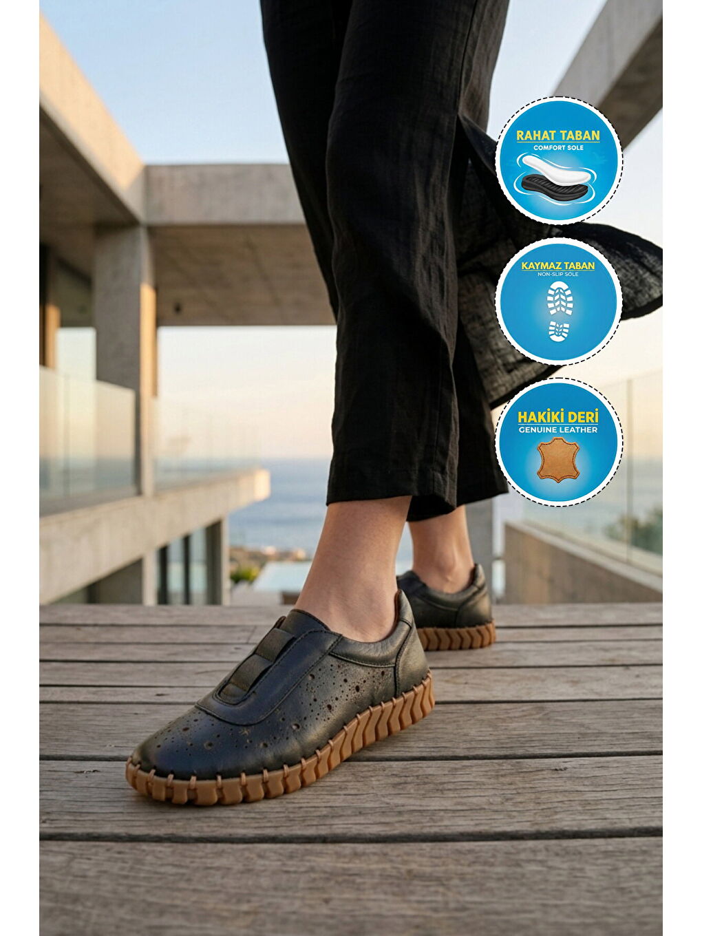 Siyah Hakiki Deri Kadın Casual Ayakkabı 2010730Y Z-2