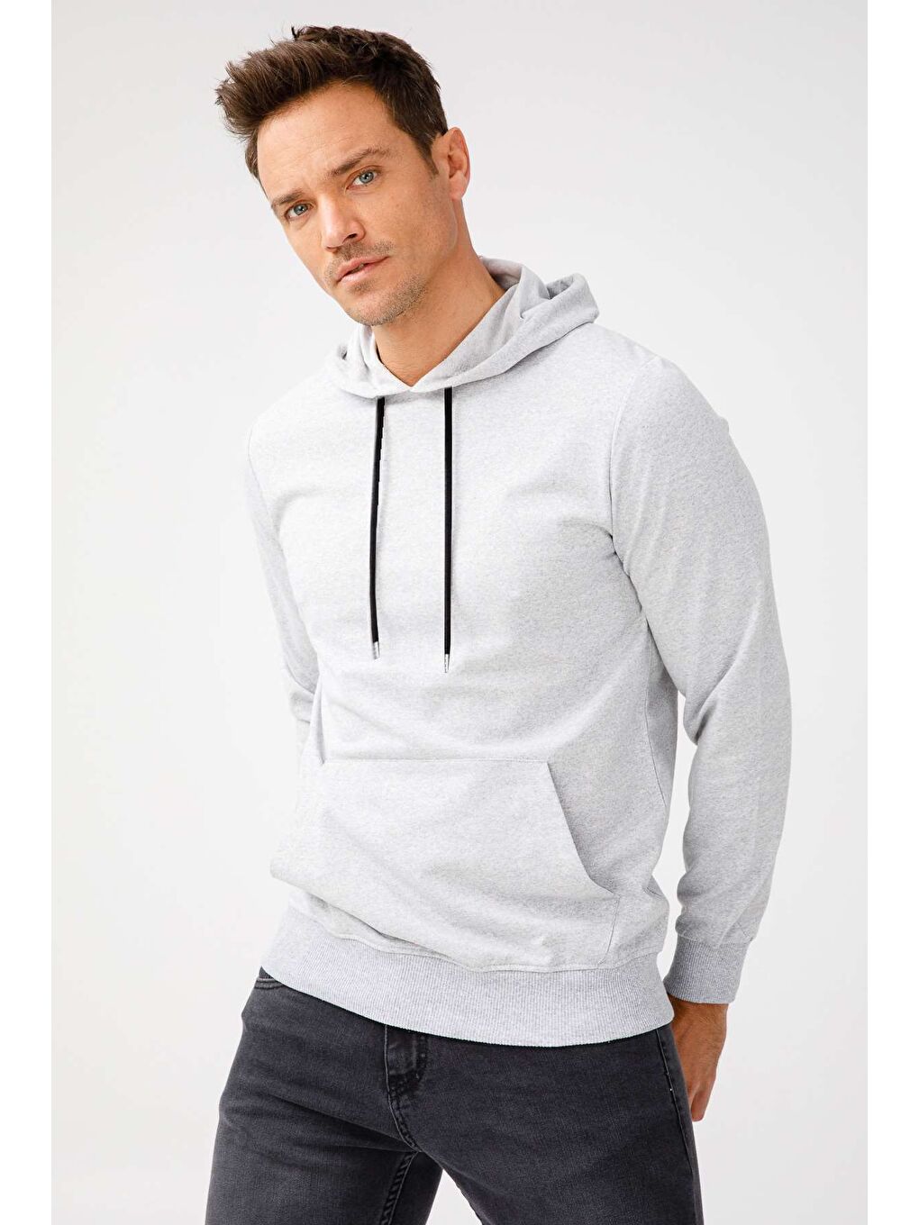 Erkek A.Gri Modernfit / Ekstra Dar Kalıp Kapüşonlu Fermuarsız Sweatshirt-1