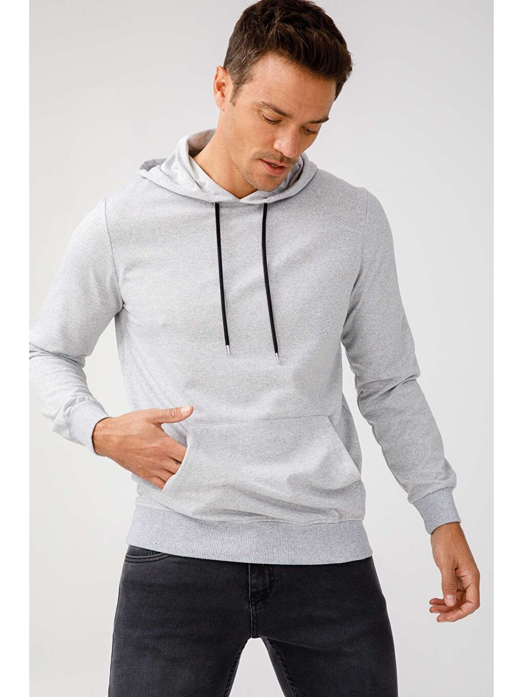 Erkek A.Gri Modernfit / Ekstra Dar Kalıp Kapüşonlu Fermuarsız Sweatshirt-2