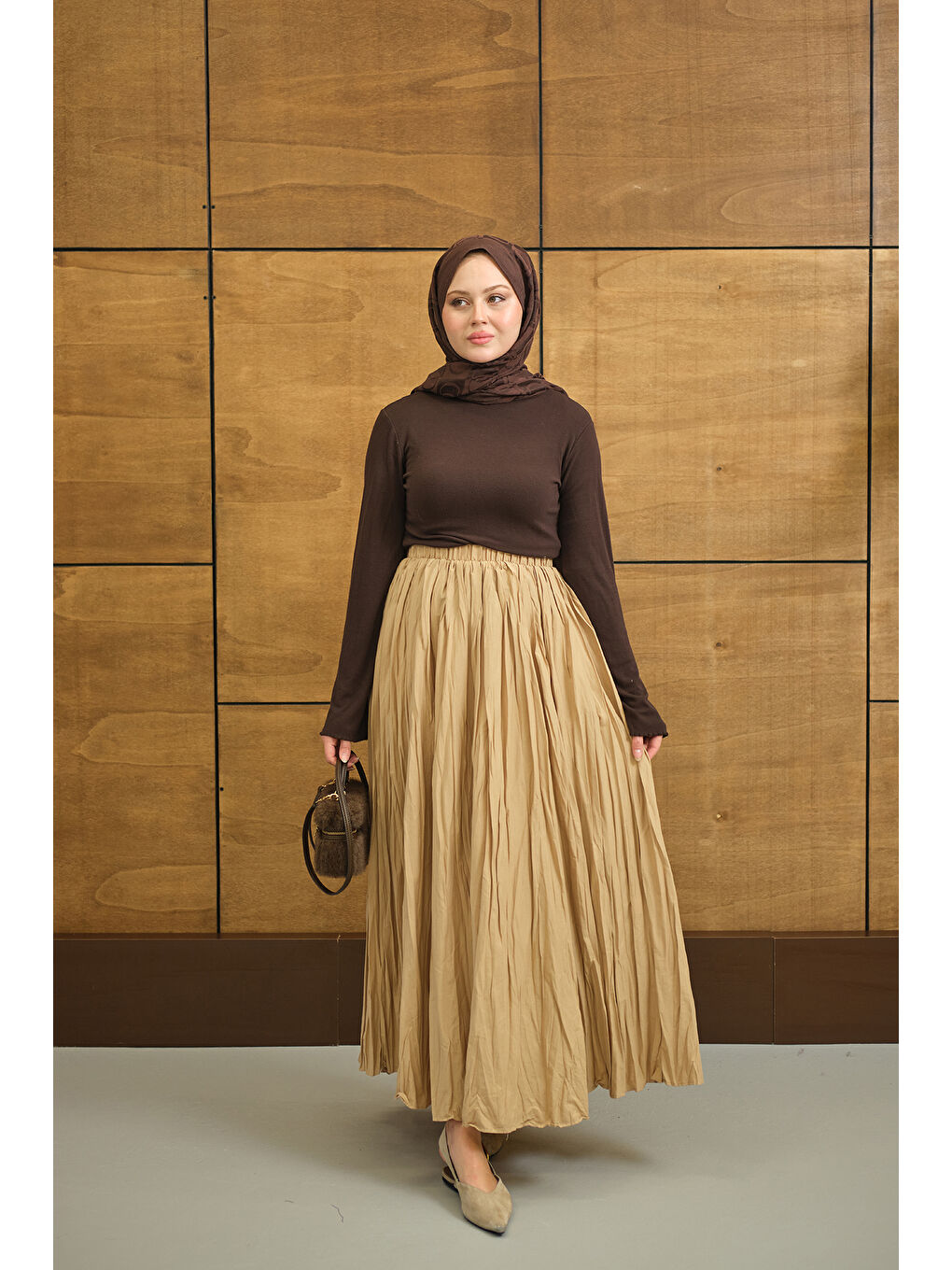 Bej Kadın Beli Lastikli Kırışık Detay Etek Vizon