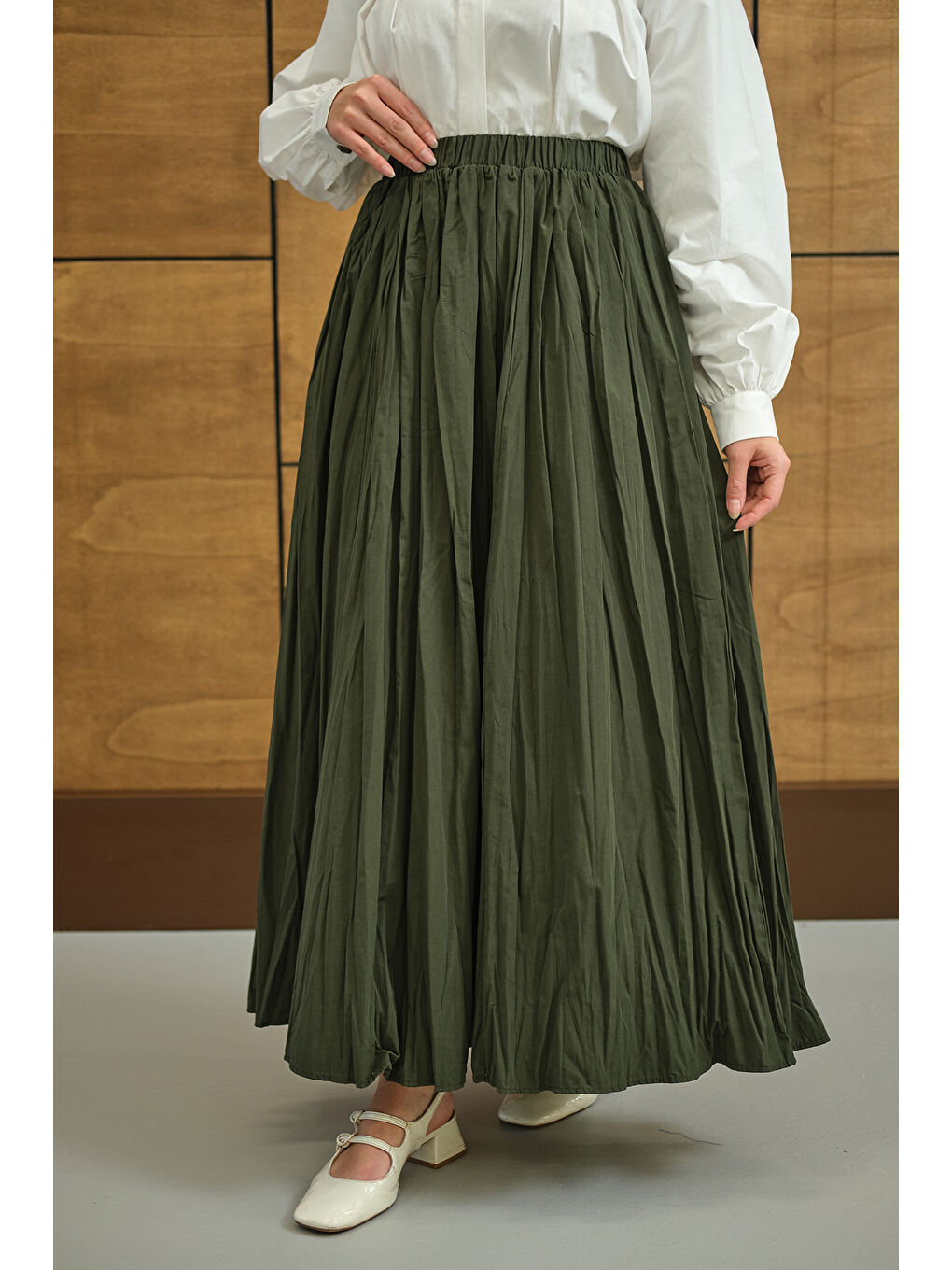 Kadın Beli Lastikli Kırışık Detay Etek Koyu Yeşil-3