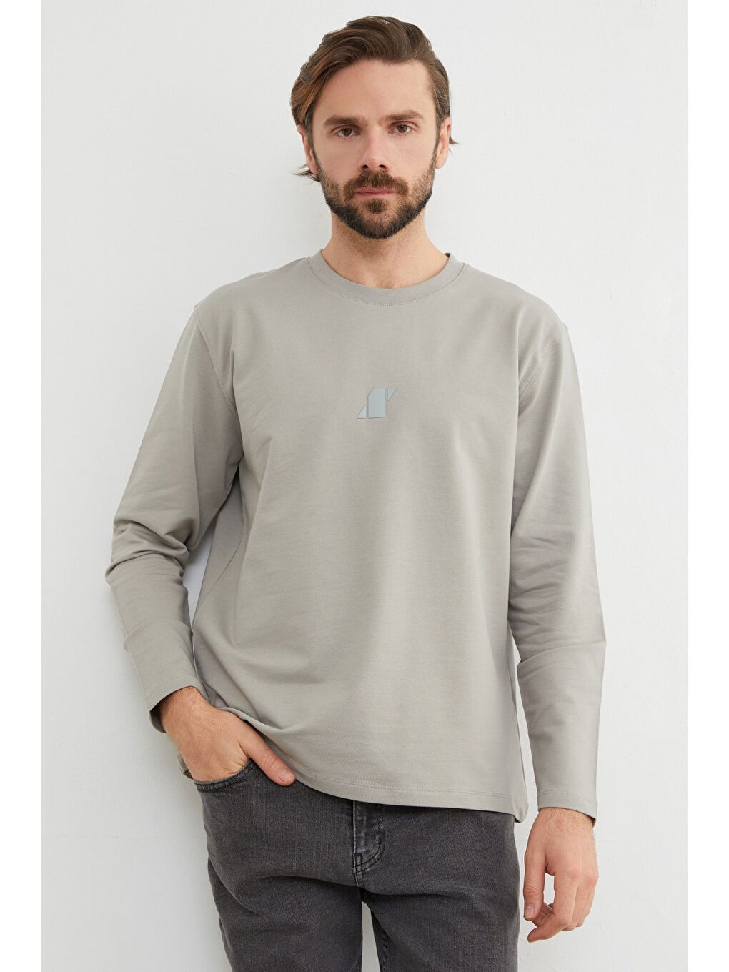 Gri Baskılı Bisiklet Yaka Sweatshirt