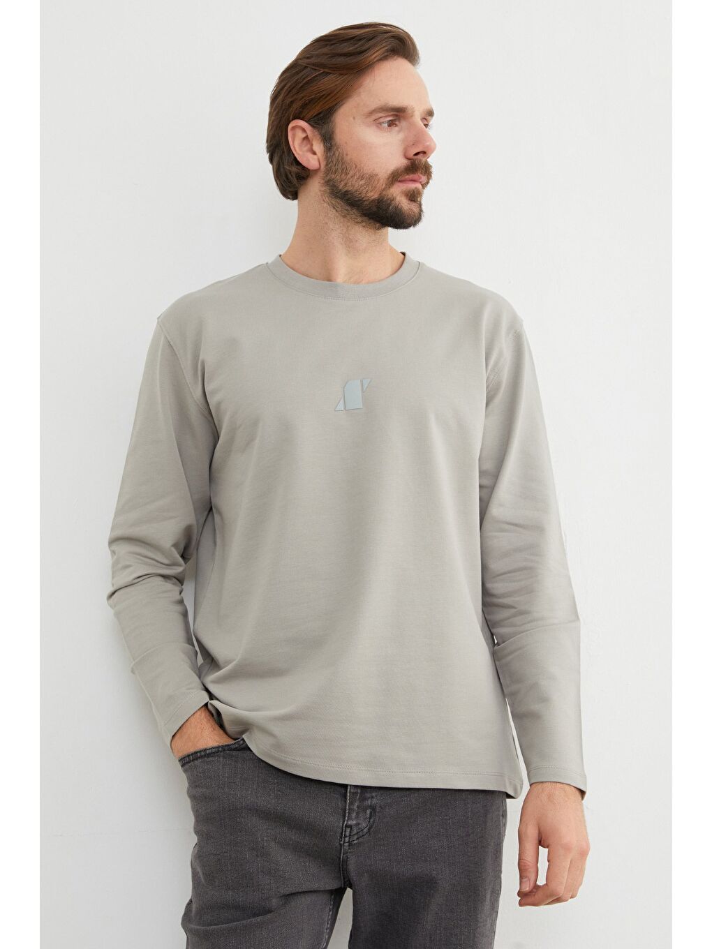Gri Baskılı Bisiklet Yaka Sweatshirt-1
