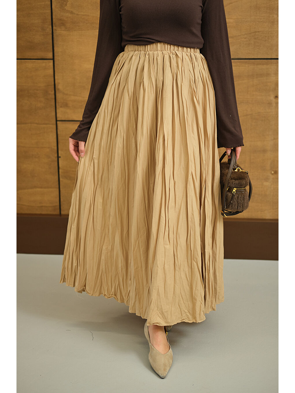 Bej Kadın Beli Lastikli Kırışık Detay Etek Vizon-2