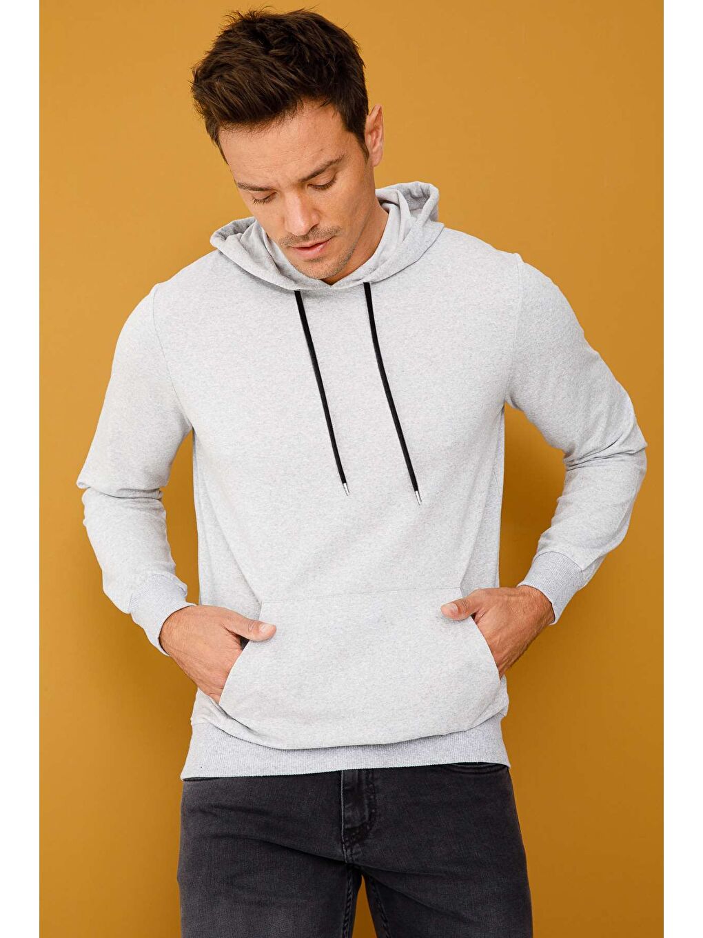 Erkek A.Gri Modernfit / Ekstra Dar Kalıp Kapüşonlu Fermuarsız Sweatshirt-5