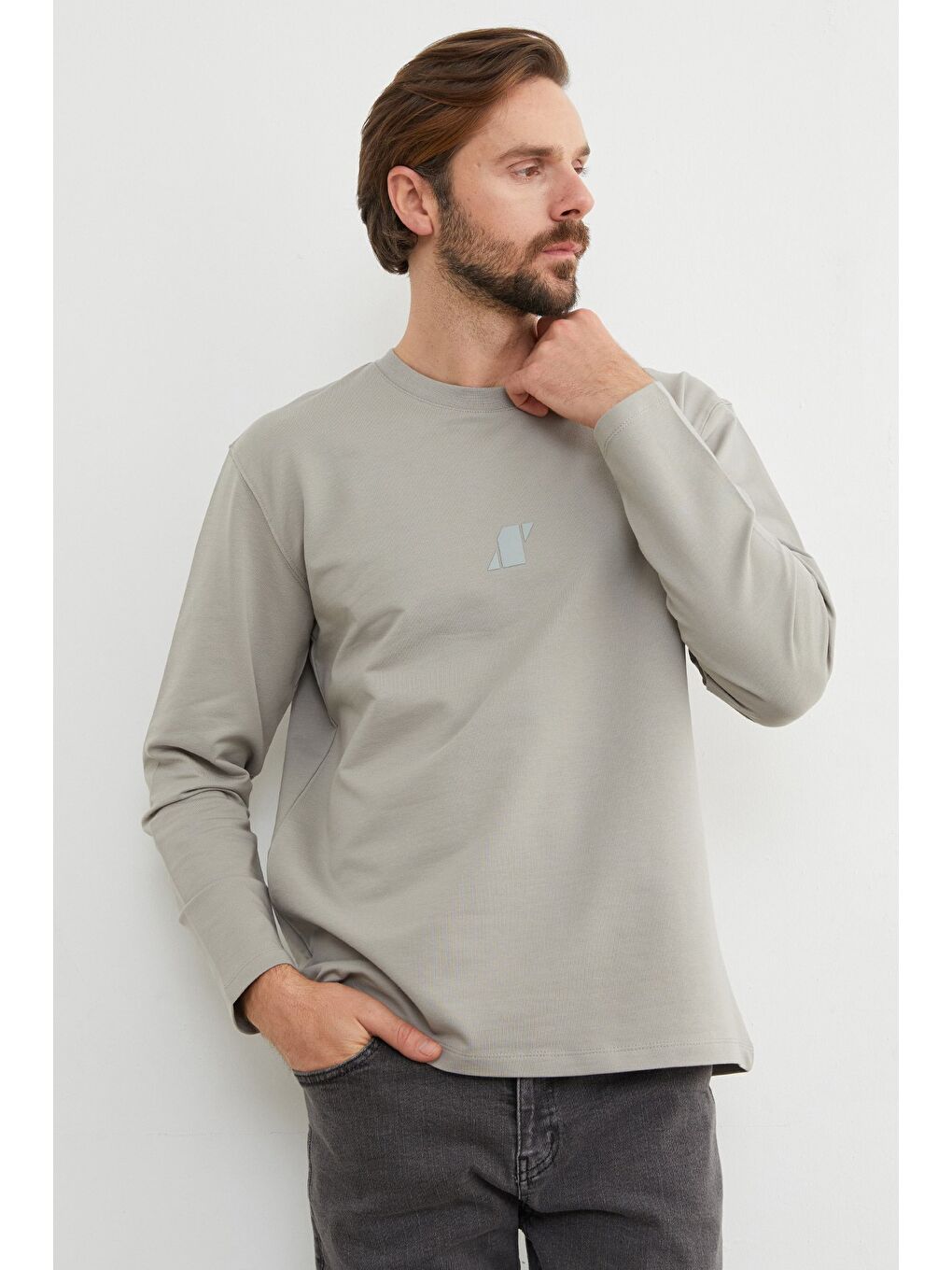 Gri Baskılı Bisiklet Yaka Sweatshirt-3