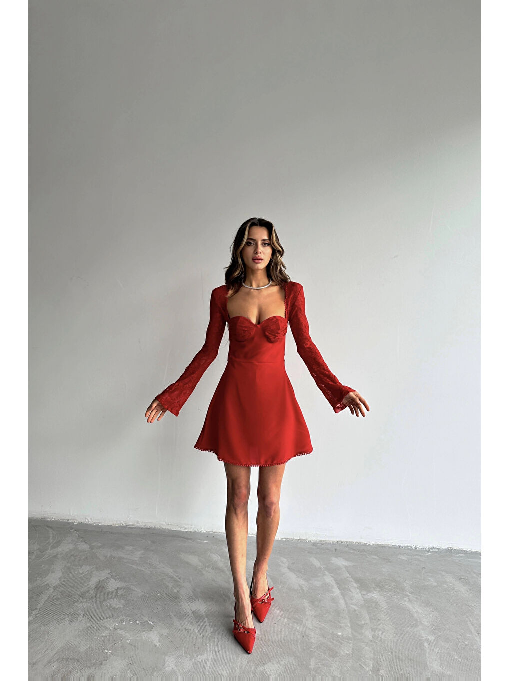 Kadın Kırmızı Dantel Detay Elbise 1026-221477-1