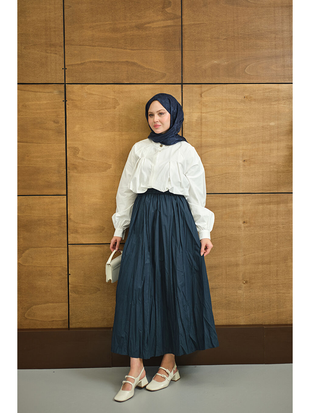 Kadın Beli Lastikli Kırışık Detay Etek İndigo Mavi