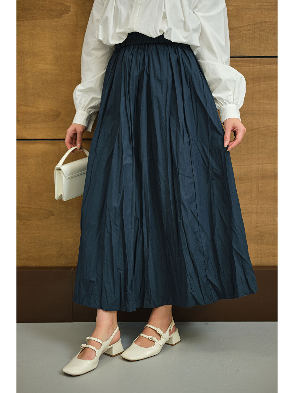 Kadın Beli Lastikli Kırışık Detay Etek İndigo Mavi-1