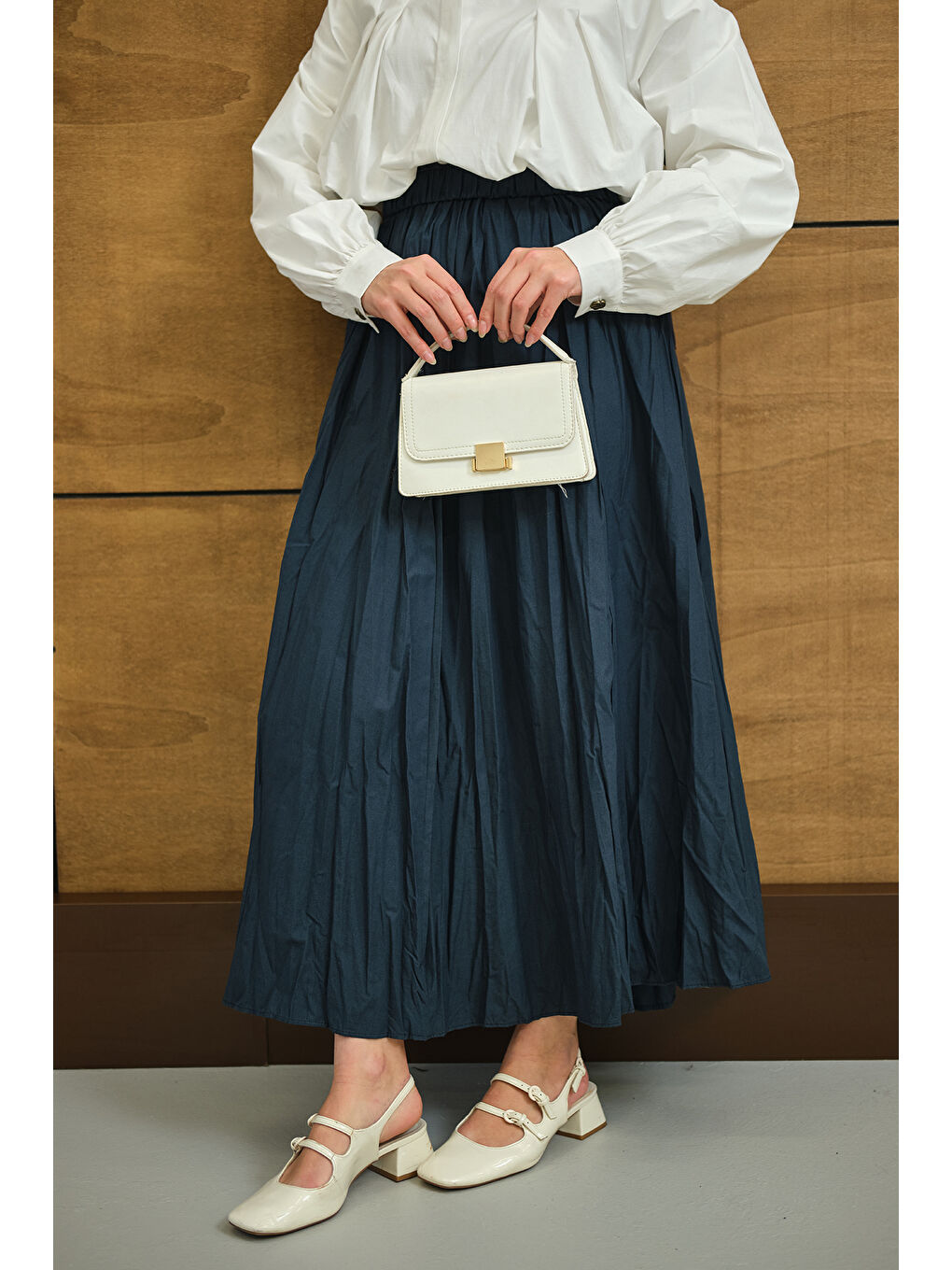 Kadın Beli Lastikli Kırışık Detay Etek İndigo Mavi-2