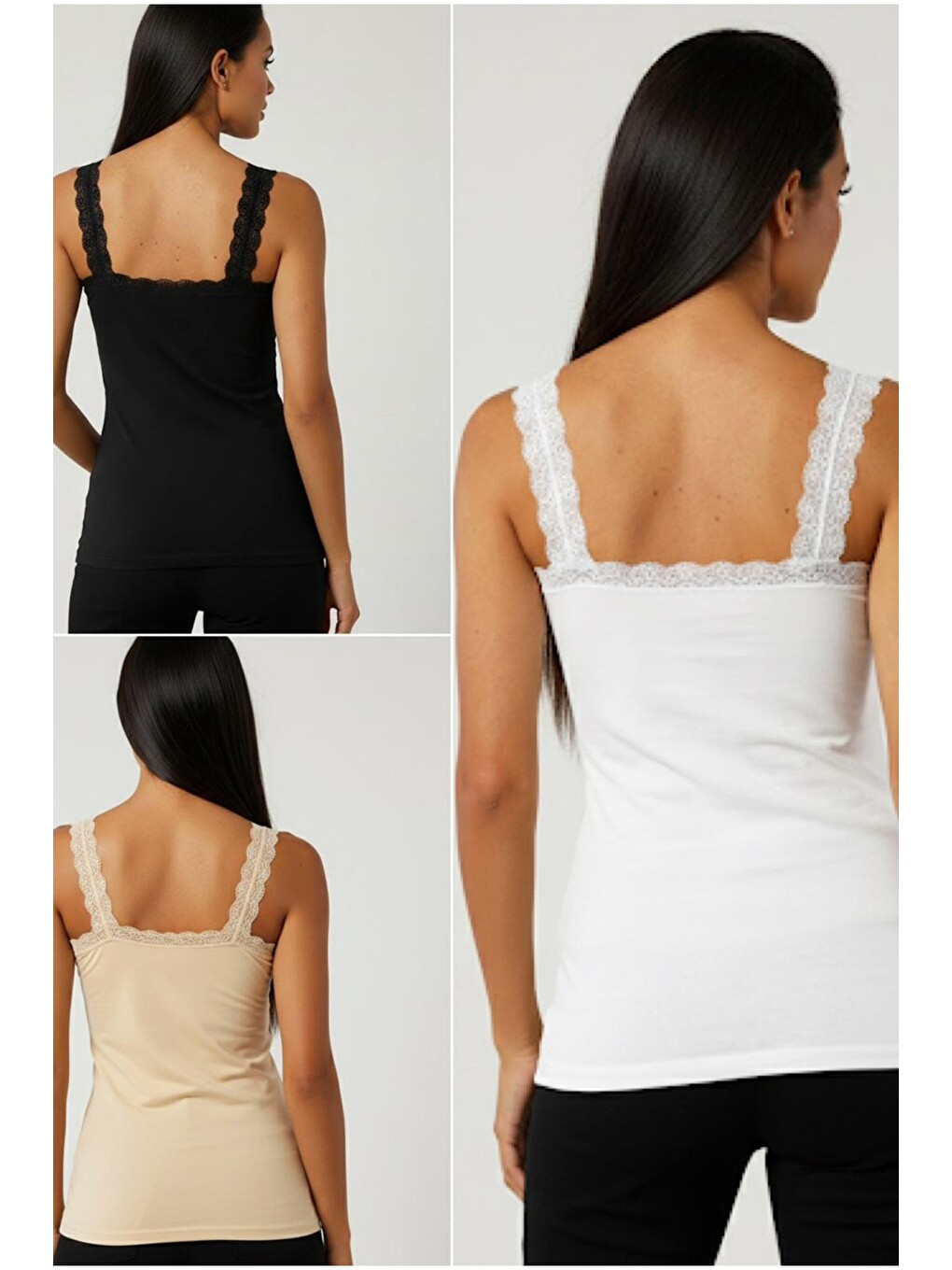 Karışık 3'lü Paket Pamuklu Elastanlı Askılı Dantelli Örme T-shirt Atlet 1006-5