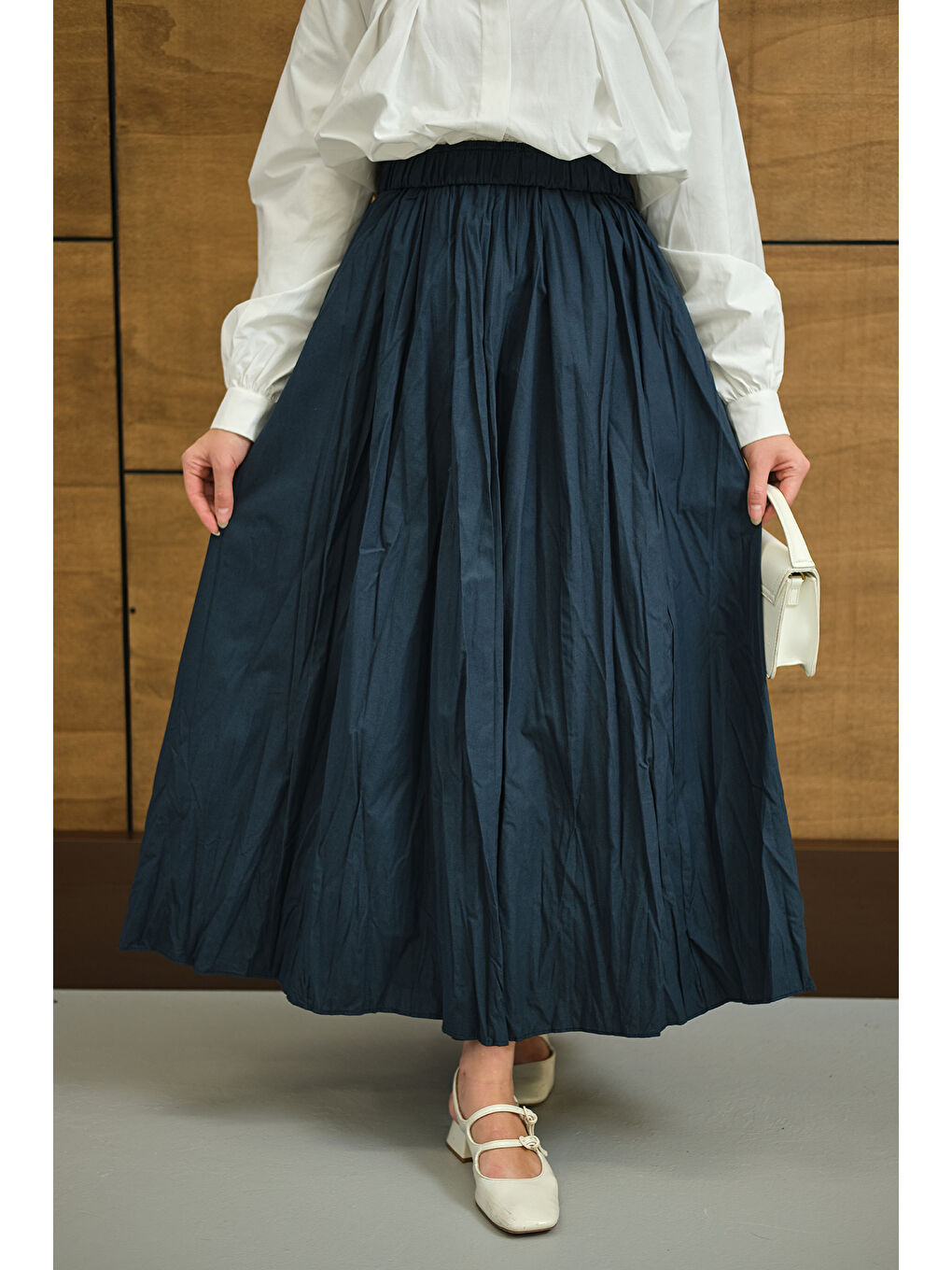 Kadın Beli Lastikli Kırışık Detay Etek İndigo Mavi-3