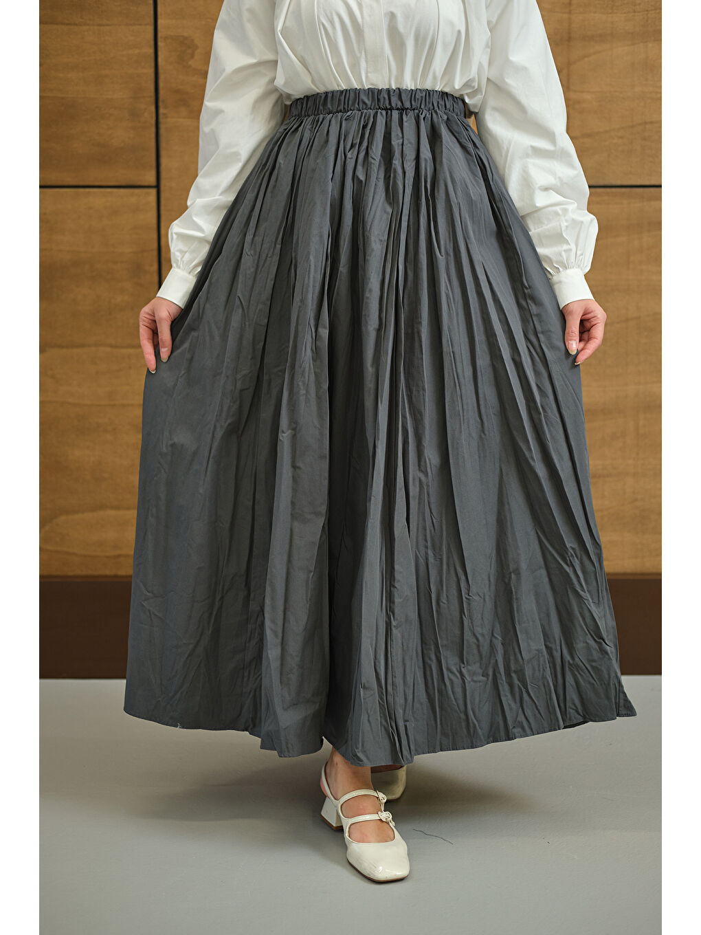 Kadın Beli Lastikli Kırışık Detay Etek Antrasit-1