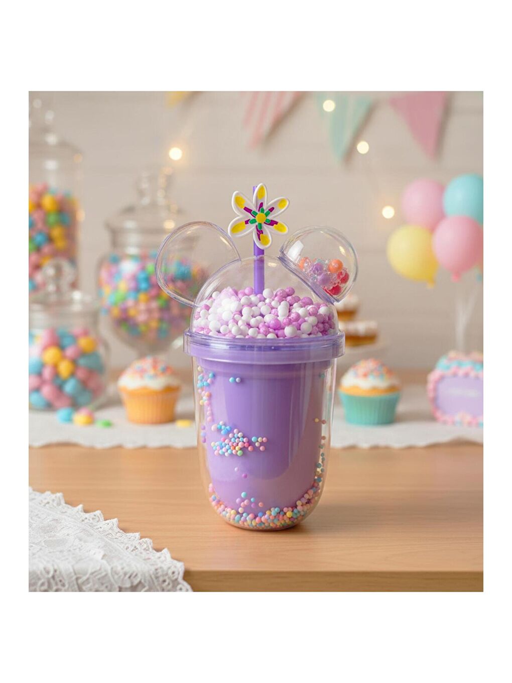 Mor Kawaii Boncuk Kapaklı Pipetli Bardak 350 ML