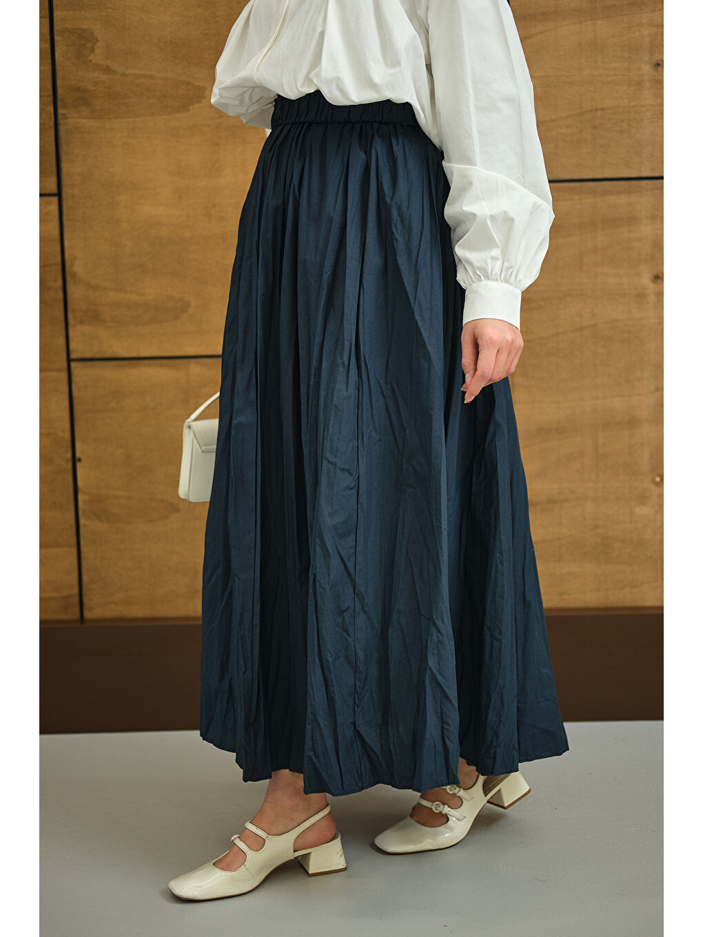 Kadın Beli Lastikli Kırışık Detay Etek İndigo Mavi-4