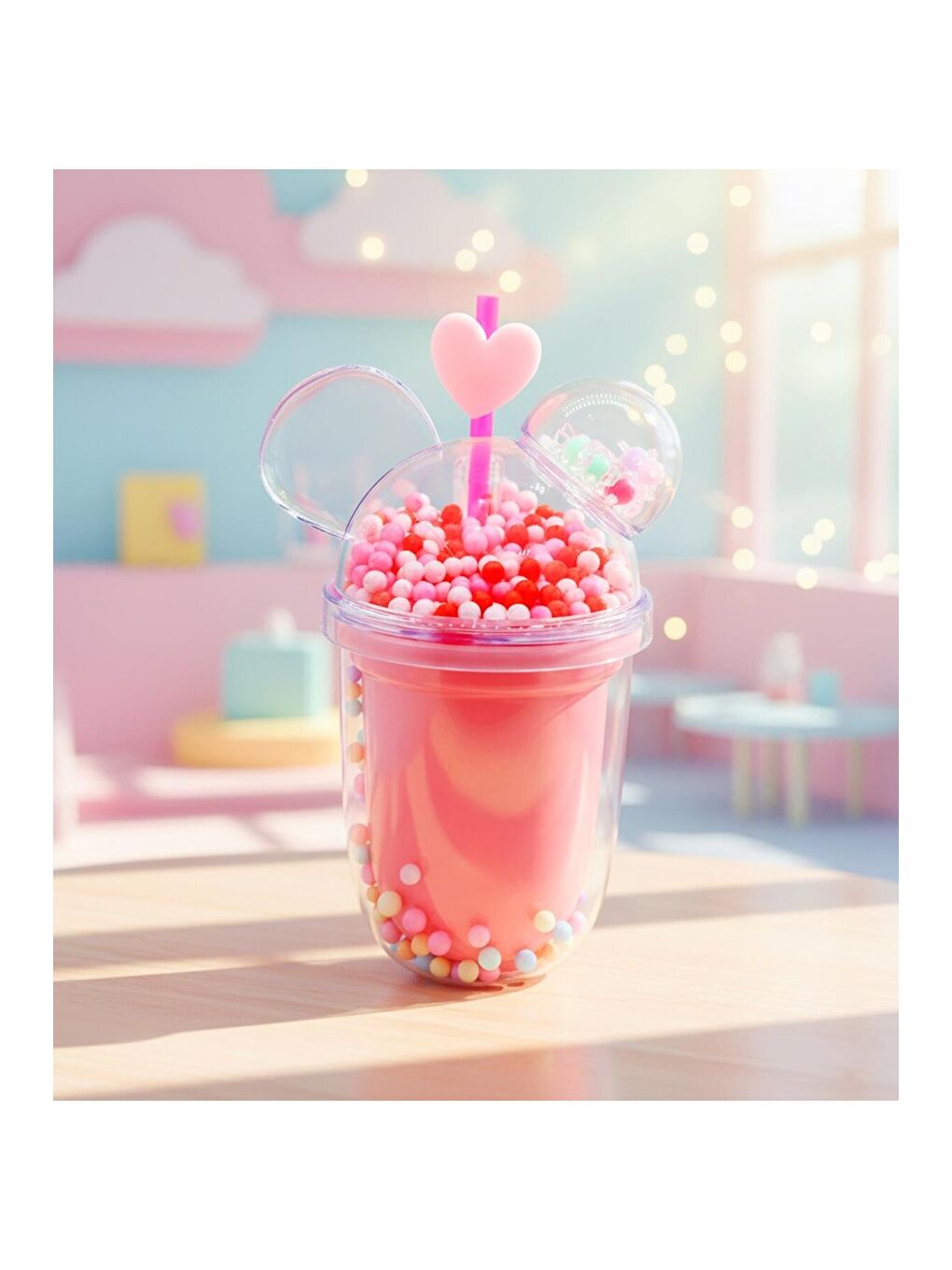 Pembe Kawaii Boncuk Kapaklı Pipetli Bardak 350 ML