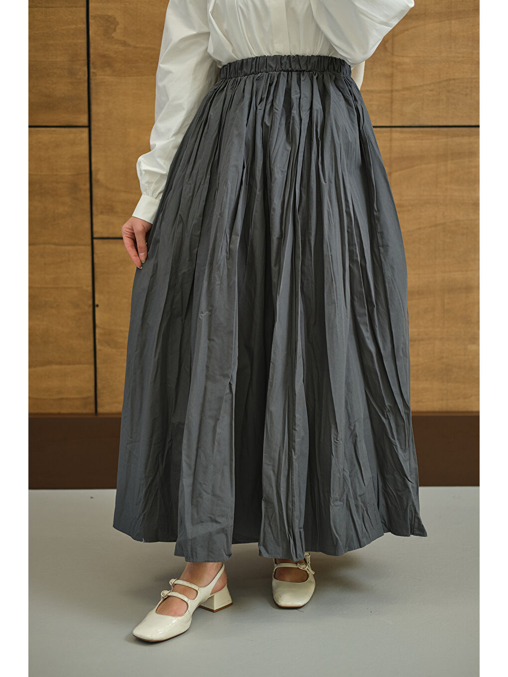 Kadın Beli Lastikli Kırışık Detay Etek Antrasit-2