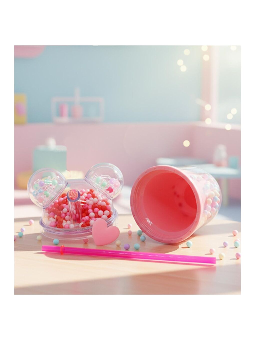 Pembe Kawaii Boncuk Kapaklı Pipetli Bardak 350 ML-1