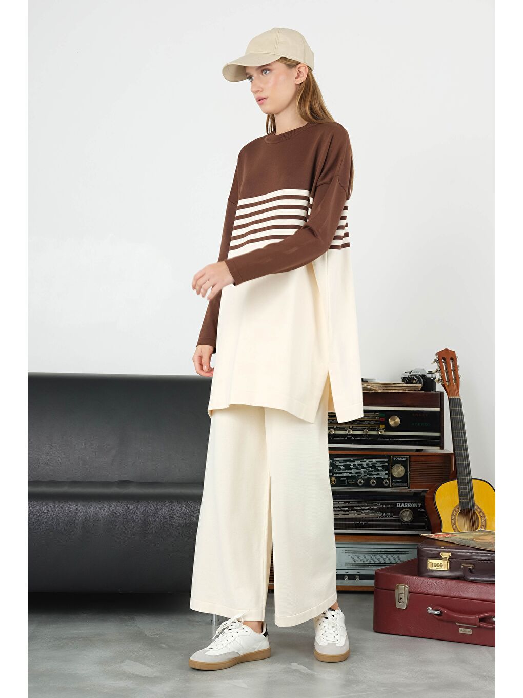 Kahverengi Çizgili Triko Kazak Kahve-Ekru-2