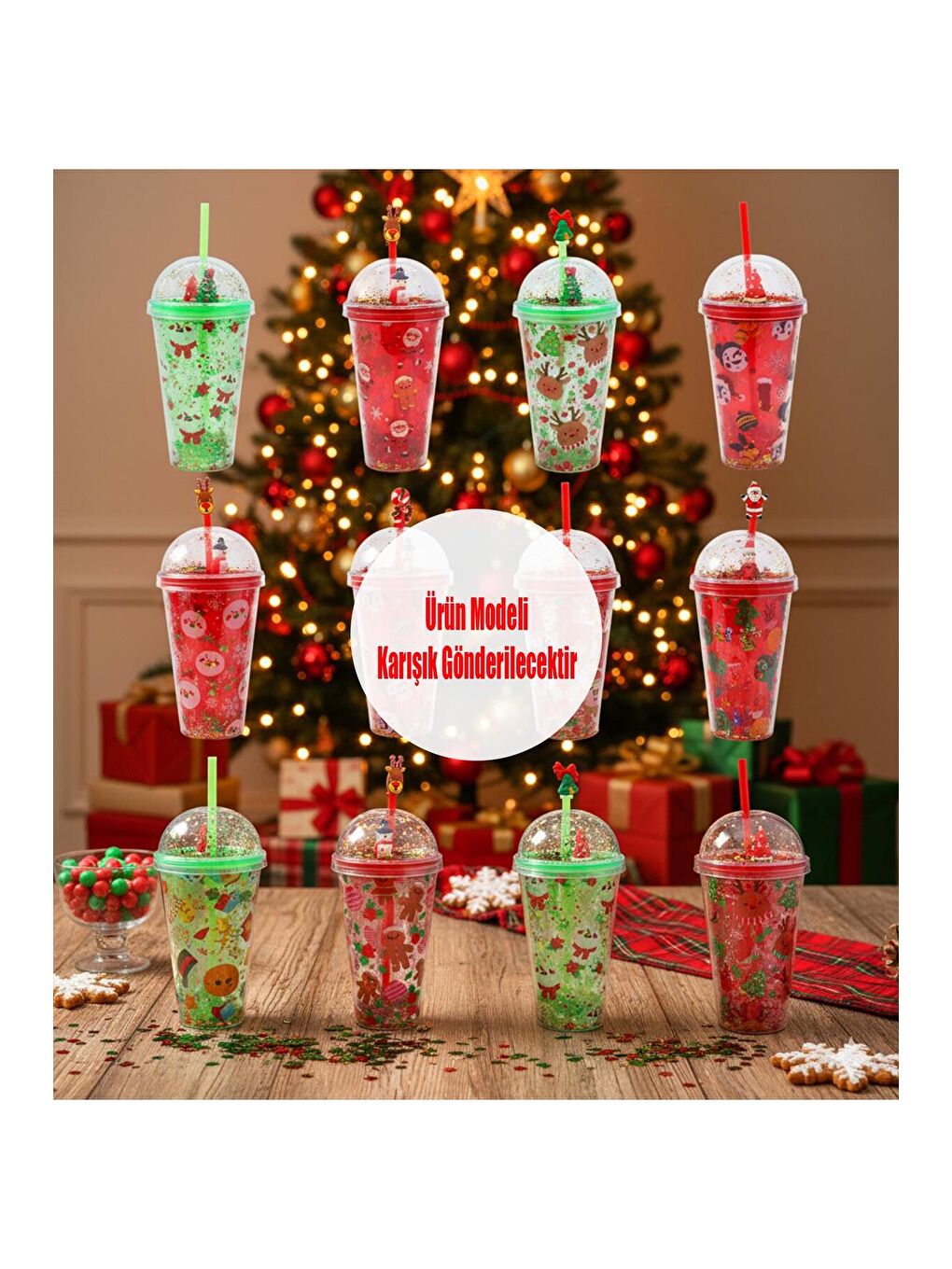 Karışık Yılbaşı Temalı Kar Küresi Kapaklı Işıltılı Pipetli Bardak 450 ML-2